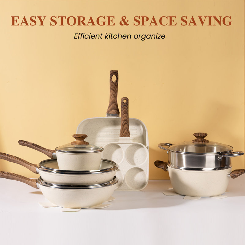 Batterie de cuisine antiadhésive en aluminium avec poignée amovible, ensemble de casseroles et de poêles 17 pièces, allant au four