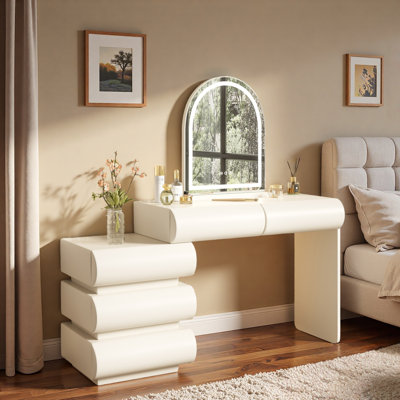 Luxury 2-in-1 Vanity Table With Leather Finish, 3-color Led Lighted Mirror, Adjustable Length And 5 Storage Drawers