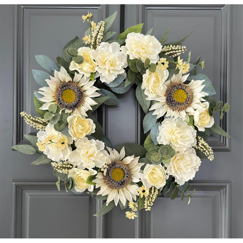 24'' White Floral Wreath with Sunflowers and Eucalyptus Leaves