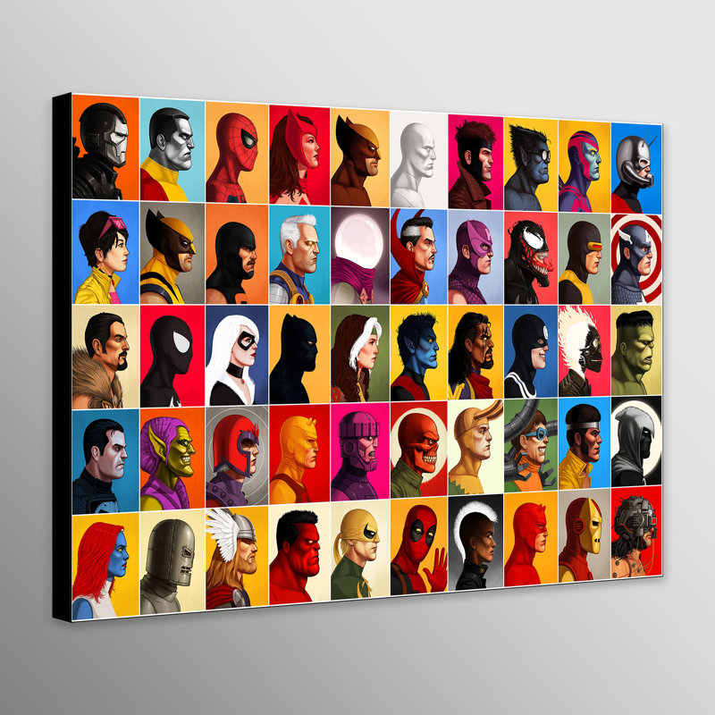 Super Heroes Characters Head Shots Illustration - Wrapped Canvas Painting, 21cm H x 61cm W