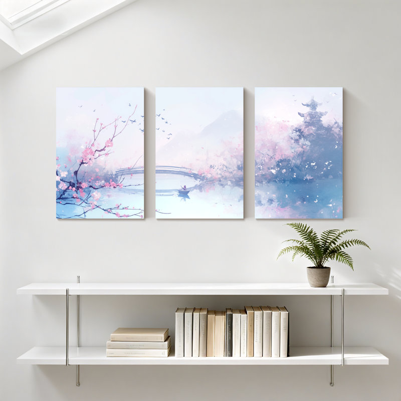 Paysage et nature Cherry Blossom Lake Bridge bateau montagnes arbres oiseaux ciel ensemble de 3 impressions d'art sur toile