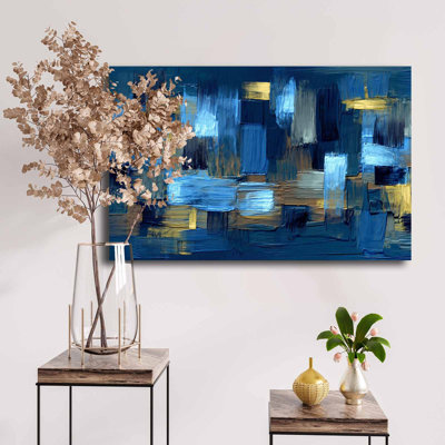 Stunning Decorative Canvas Painting, Blue & Navy Blue with Brown & Gold Accents, 17.7 x 27.6 inches | 100% Canvas (Thickness: 0.11 inches) & 100% Pine Wood Frame (Thickness: 0.9 inches) | Ideal for Home Decor & Art Lovers