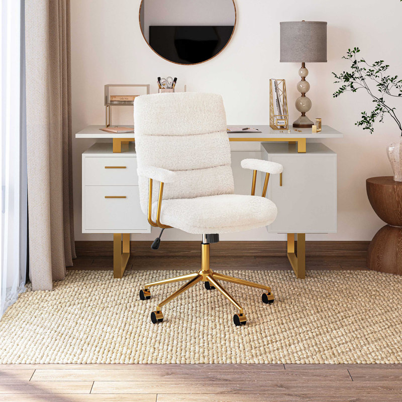 Chaise de bureau texturée en tissu blanc et doré Boucle, chaise de bureau moderne à hauteur ajustable avec accoudoirs rembourrés