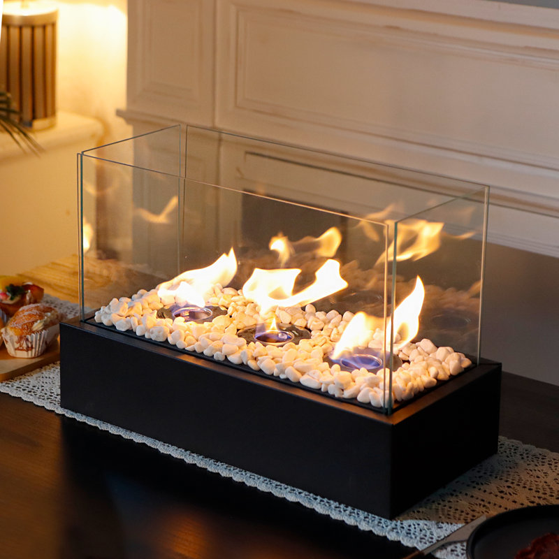Black Stainless Steel and Glass Tabletop Fire Pit