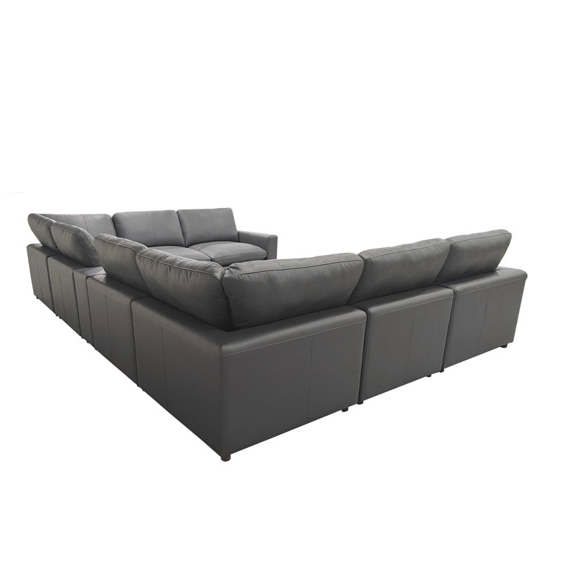 Reestock Top-Grain Leather Large Seating Modular Sectional, Blue Gray