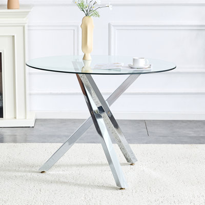 Table de salle à manger ronde de 39 po, table de salle à manger en verre avec pieds de support argentés, idéale pour les salons et les espaces compacts.