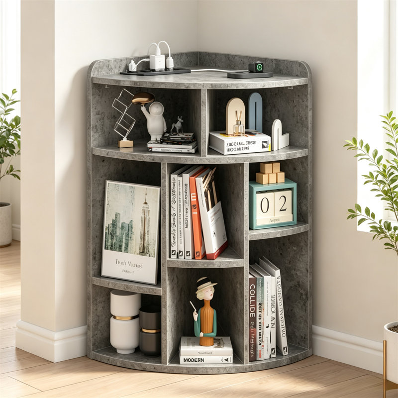 Corner Shelf, Corner Cube Storage Organizer with USB Ports & Power Outlets, Modern Corner Toy Storage Cabinet with Adjustable Shelves, Wooden Display Bookshelf for Living Room, Bedroom, Dining Room, Kitchen