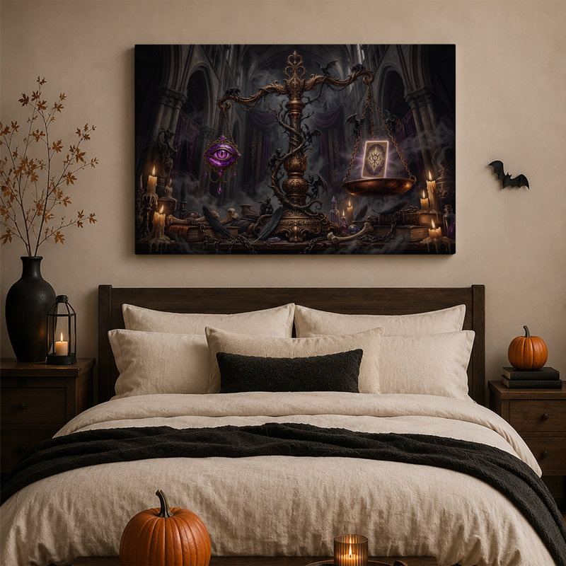 Tableau sur toile gothique doré à l'œil violet et lumineux, idéal pour l'Halloween, H 20 po x l 30 po