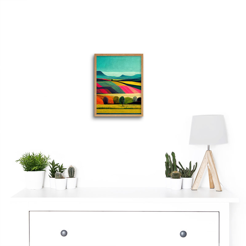 Colourful Bright Countryside Fields Landscape - Print, Light Brown Framed Paper, 25.9cm H x 20.6cm W