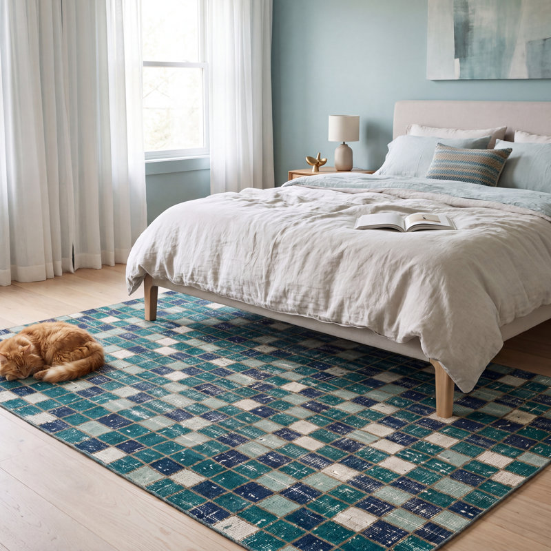 Tapis Clover2 moderne à motif mosaïque mouchetée abstraite bleu sarcelle et blanc, lavable en machine, antidérapant, à poils courts, pour l'intérieur et l'extérieur, adapté aux animaux domestiques, idéal pour le salon, la chambre, la salle à manger, l'entrée, le couloir ou le bureau.