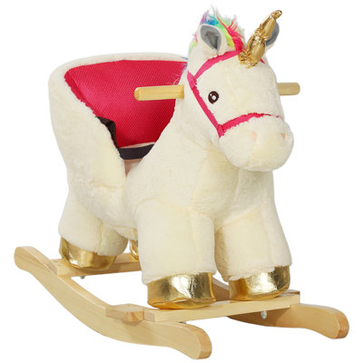 Rocking Horse, Ride On Unicorn With Realistic Sounds, Safety Belt & Wooden Base, Plush Animal Rocker For Toddlers 18-36 Months, Cream White