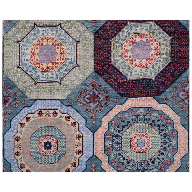 Hand Knotted Wool Area Rug in Green