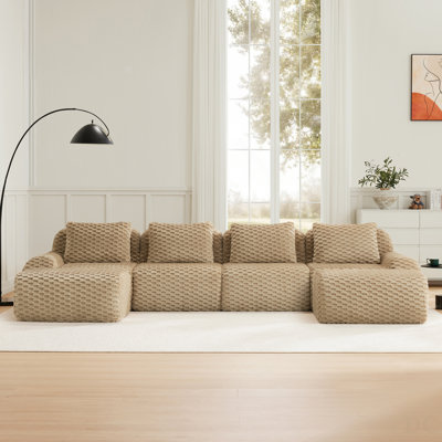 Canapé modulaire modulaire en U de 146 pouces avec tissu en flanelle de 146 po, canapé surdimensionné à 4 places, repose-pieds mobile, connexion à boucle, conception antidérapante, sans assemblage requis, brun clair