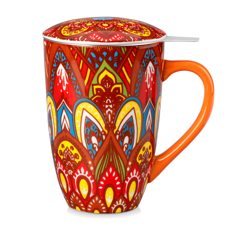 480ml porcelain mug, Orange Bohemian-style design, Stainless steel tea infuser