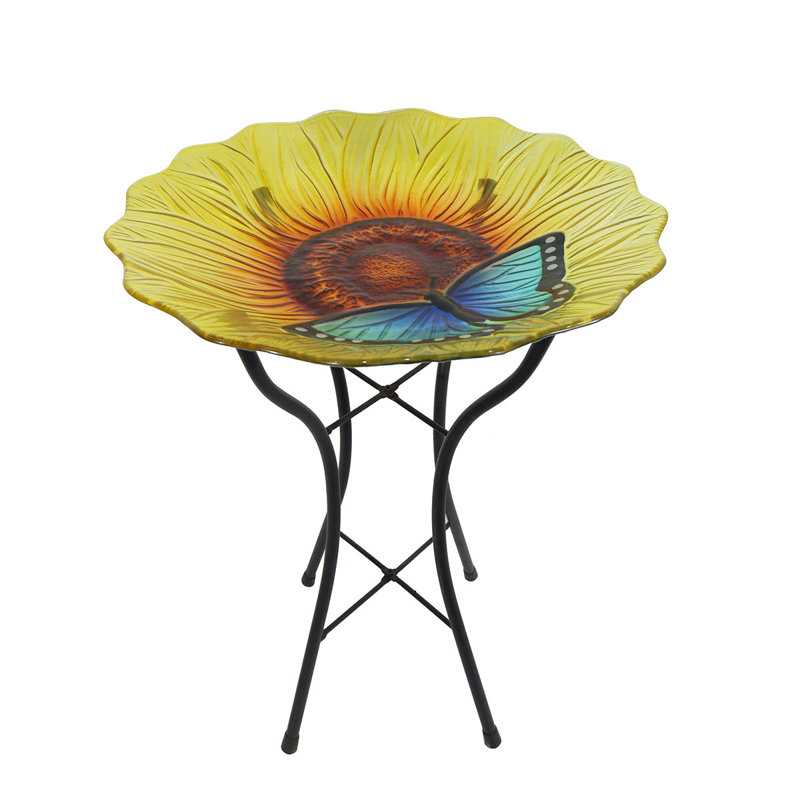 Bain d'oiseaux en verre avec papillon et tournesol