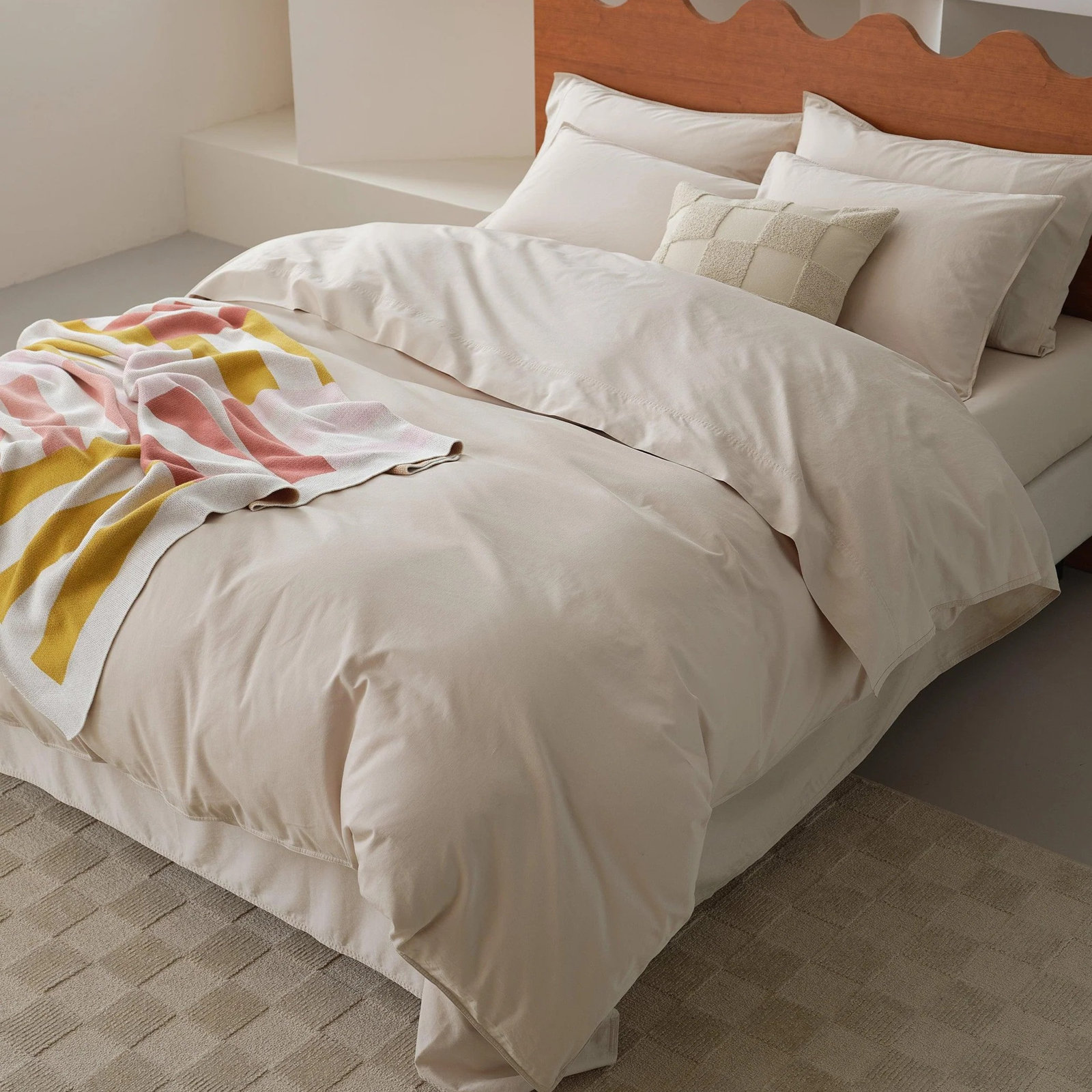 Double Stitch Cotton Solid Duvet Cover, Oat, Queen Duvet Cover + 2 Pillow Shams