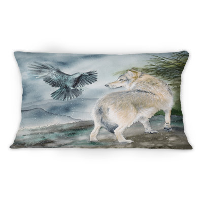 Loup et un corbeau sur une colline sous la neige - Coussin décoratif traditionnel imprimé 1