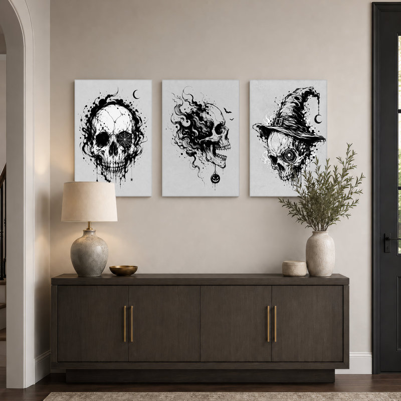 Ensemble de 3 toiles murales d'Halloween représentant des crânes noirs et blancs avec chapeau de sorcière