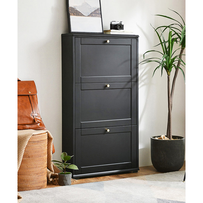 Slim rubberwood solid wood tipping shoe cabinet, 44.09" H x 21.65" W x 7.87" D, Black
