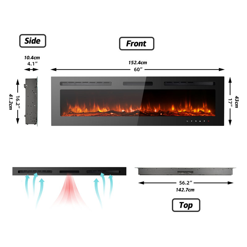 60" Black 3-in-1 Electric Fireplace Heater, 12 Color Flame with Breathing Flame, Black, 17" H x 60" W x 4" D