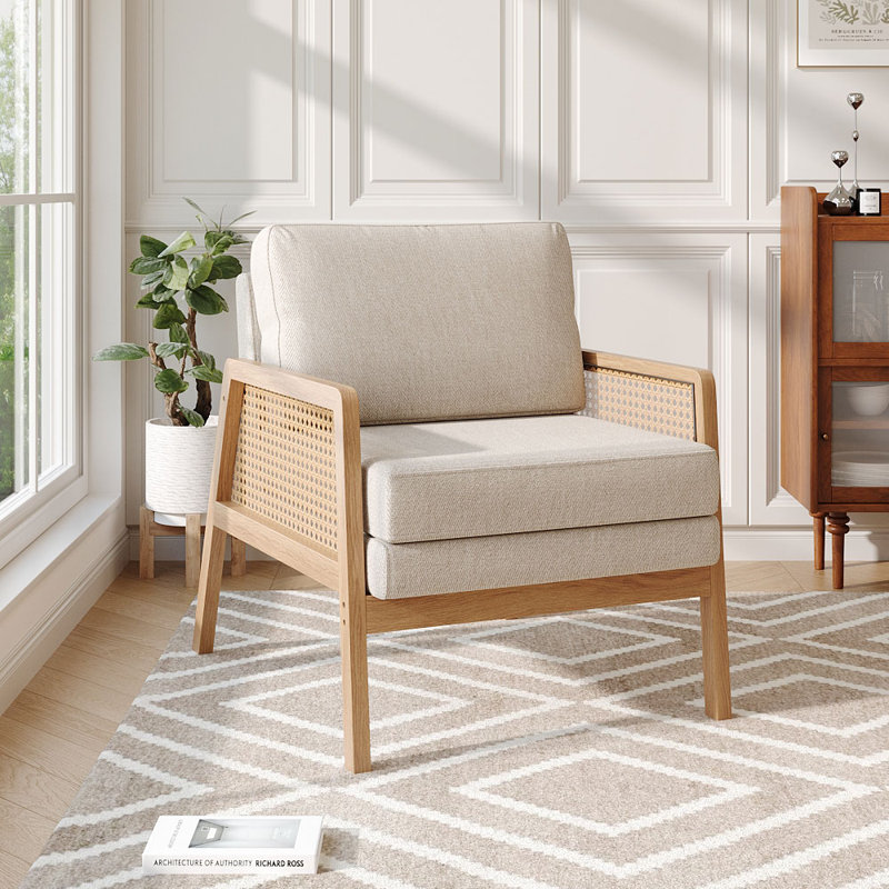 Wood Frame Upholstered Armchair Accent Chair, Beige Velvet, 86" H x 71" W x 87" D
