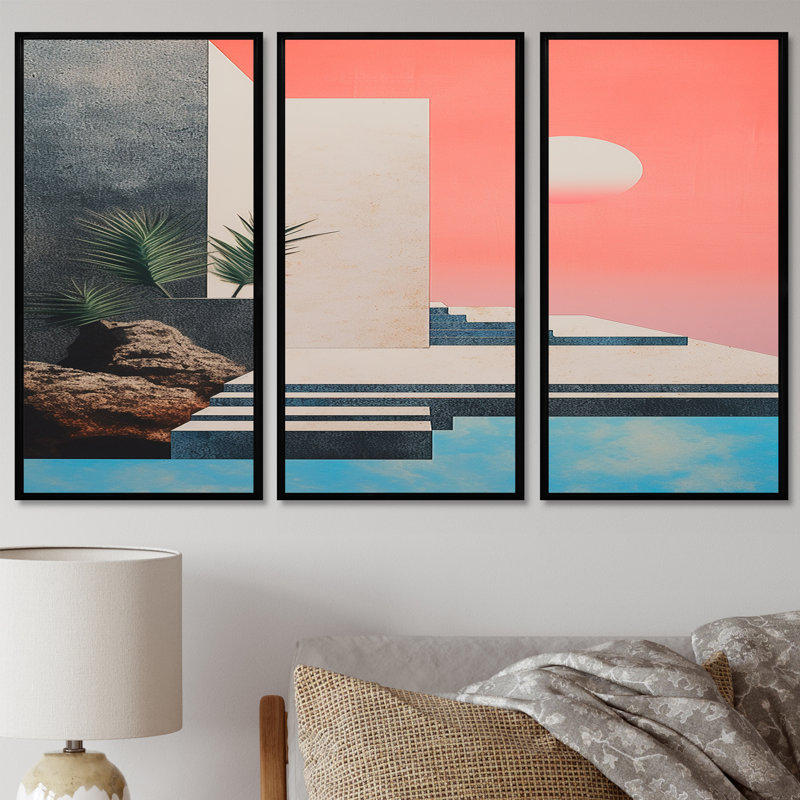 Katherina - ensemble d'art mural abstrait paysage, Cadre flottant noir, H 32 po x l 48 po x P 1 po
