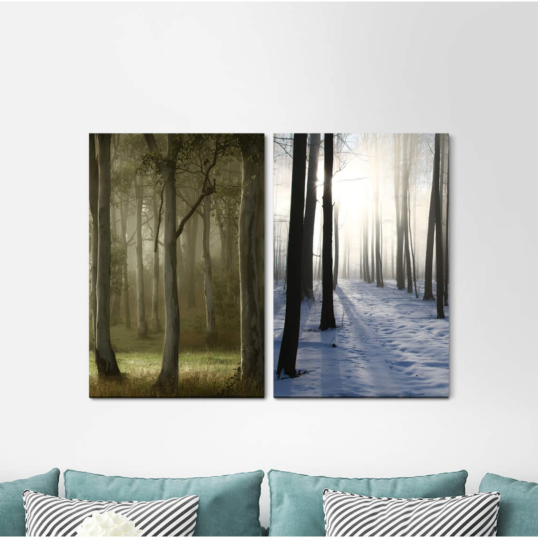 2-tlg. Leinwandbilder-Set - Fotografie "Wald-Holzbrücke Fluss-Herbst-Romantische Lichtstrahl-Märchen"