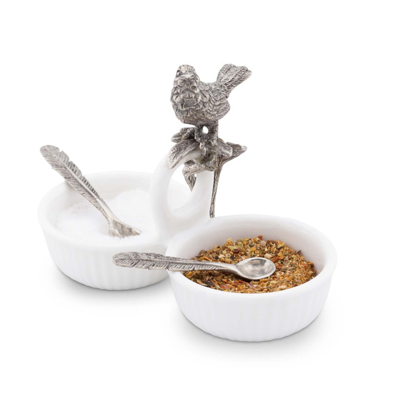 Salière double Song Bird avec cuillères en plumes d'étain