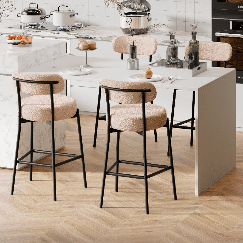 Sherpa Counter Height Bar Stools Set of 4 Modern Upholstered Barstools with Curved Open Back/Round Seat Boucle Comfortable Bar Chairs for Kitchen Island, 24.6 Inch
