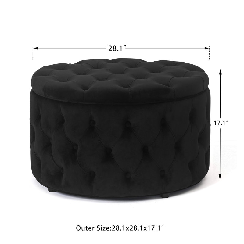 Amram Tufted Round Storage Ottoman, Black Velvet