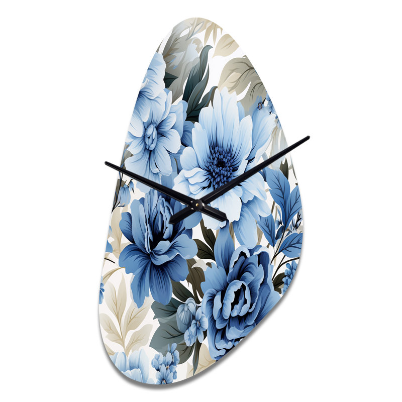 Floral Blue And White Victorian Pattern - Floral Asymmetrical Metal Clock, Cottage Freeform Wall Clock Print, Medium