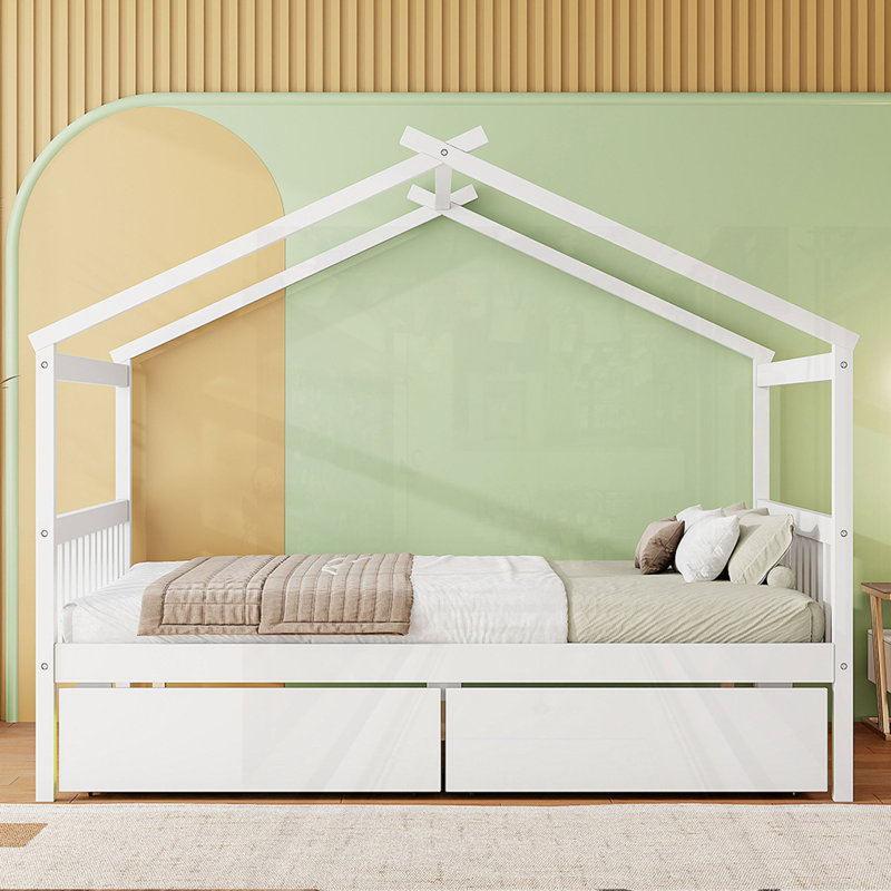 Wooden House Bed With Drawers, Full , White