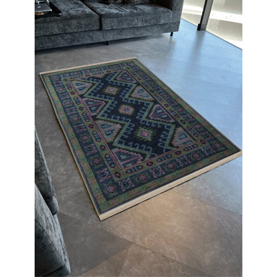 Tapis décoratif rétro multicolore à motifs foncés et à motifs frangés