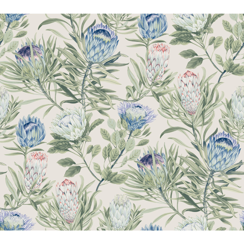 Protea 27' L x 27" W Wallpaper Roll, Cream/Blue