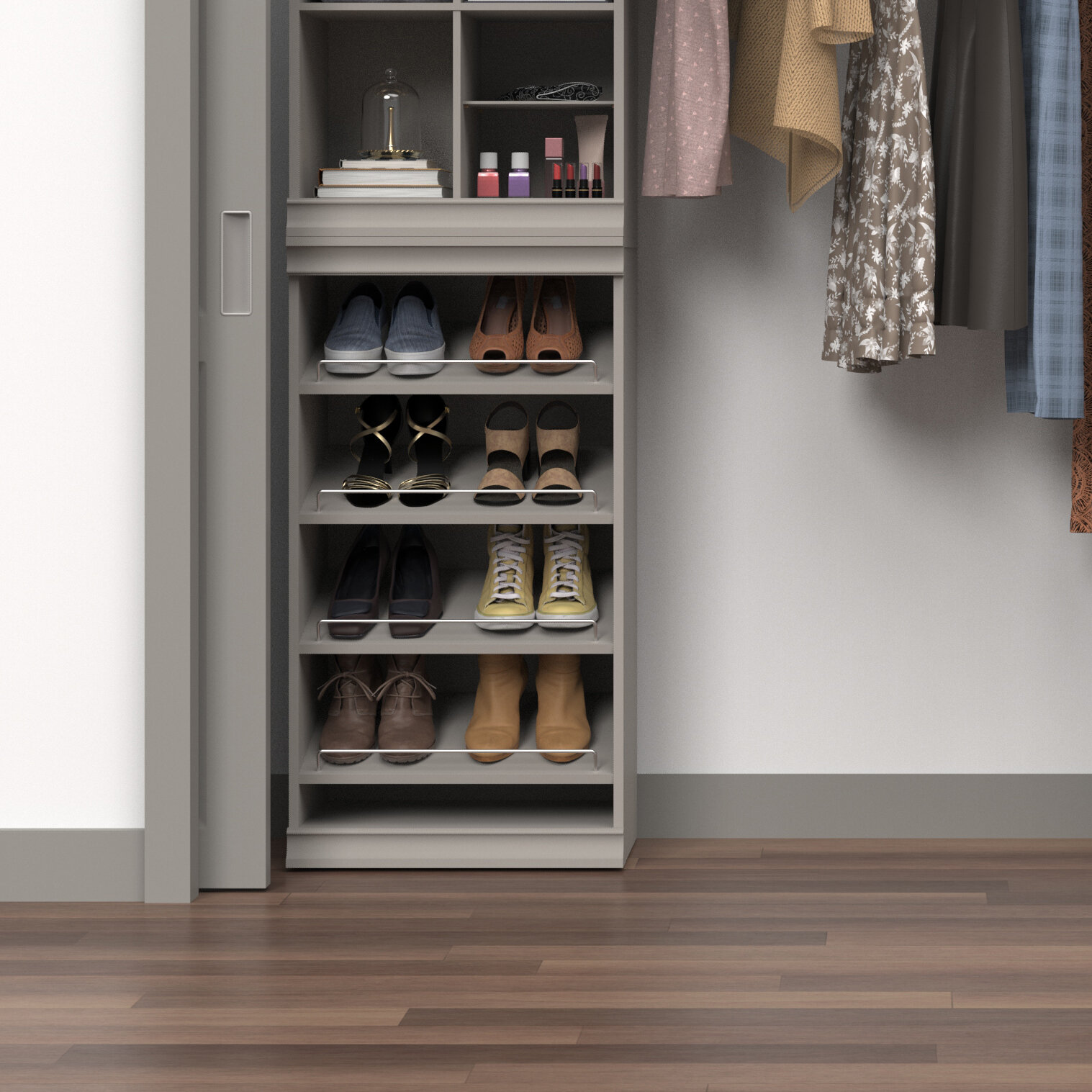 Modular Closets Built-in Closet Tower With Slanted Shoe Shelves