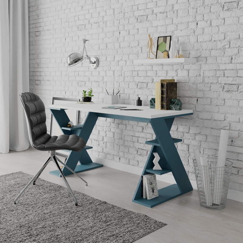 Roma Writing Desk, White/Turquoise