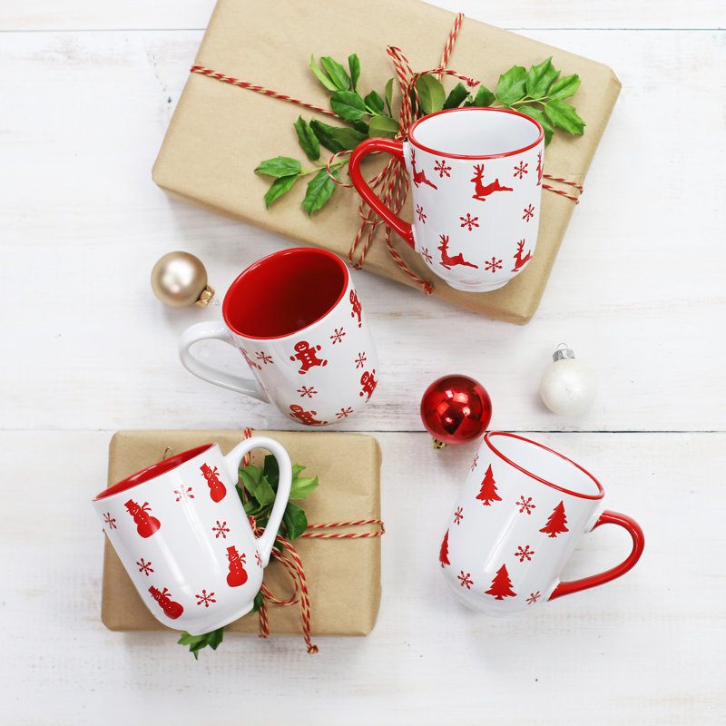 Winterfest Ceramic 12oz Christmas Mugs Set of 4, Red and White