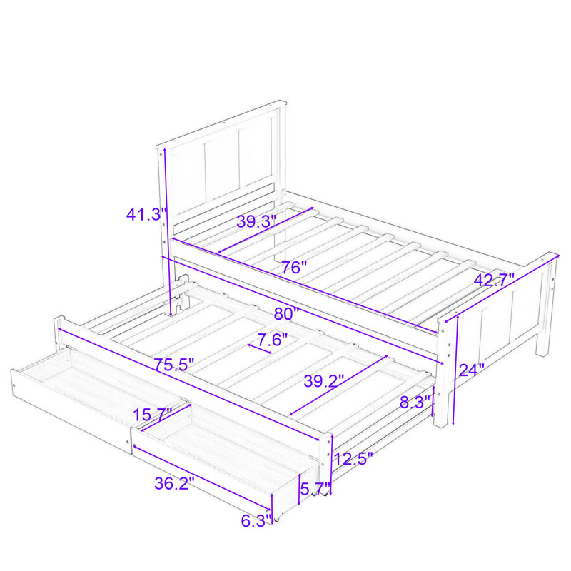 Twin Wooden Platform Bed with Twin Trundle and Drawers, Gray