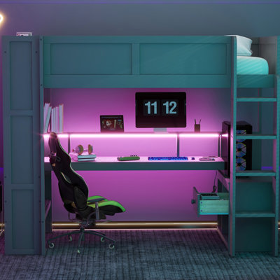 Twin Loft Bed With Wood Desk And Multi Storage, Led, Charging Station - Dark Gray Desk, Led ,