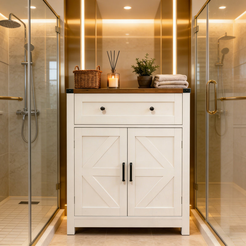 Armoire en bois avec tiroir et portes doubles, Blanc