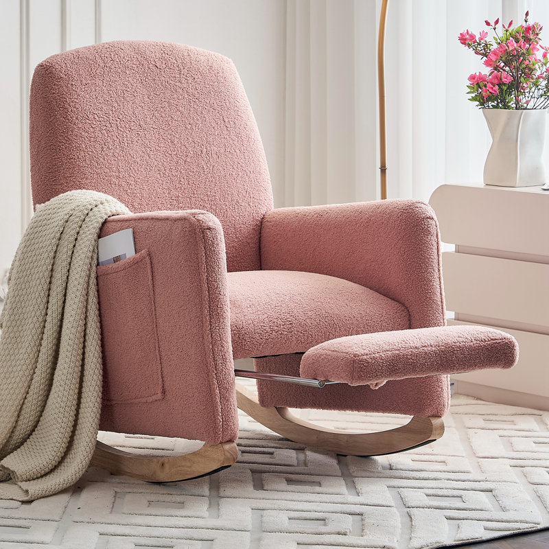 Chaise berçante en tissu Teddy avec repose-pieds réglable et poche latérale, Rose