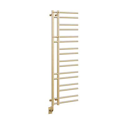 Chauffe-serviettes électrique moderne câblé 19,5 po x 60,5 po - or brossé, rempli de fluide, conception unique, comprend un interrupteur intelligent programmable, garantie à vie
