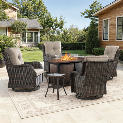 Wendye 7-Piece Outdoor Wicker Set With 4 Swivel Rockers & 55,000 BTU Fire Pit Table For Patio