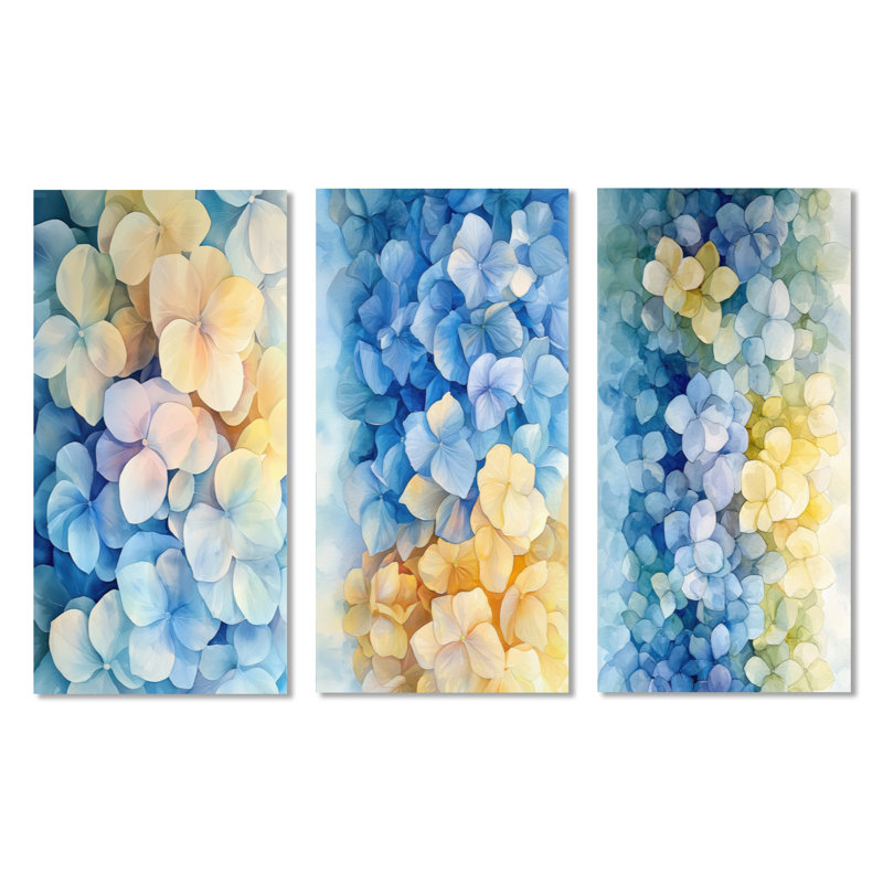 Abstrait hortensia horizon de simplicité I - ensemble de 3 reproductions d'art botaniques jaunes sur métal, H 40 po x l 60 po