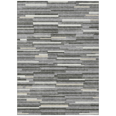 3' X 5' Gray And Ivory Striped Washable Indoor Outdoor Area Rug