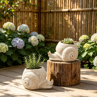 8.3x7x4.7" Sand and Cement Nautilus Snail  Planter –Set of 2 Textured Beige Finish Decorative Flower Pot for Succulents, Herbs & Trailing Plants, Coastal Rustic Boho Indoor/Outdoor Home Decor, Unique Gift