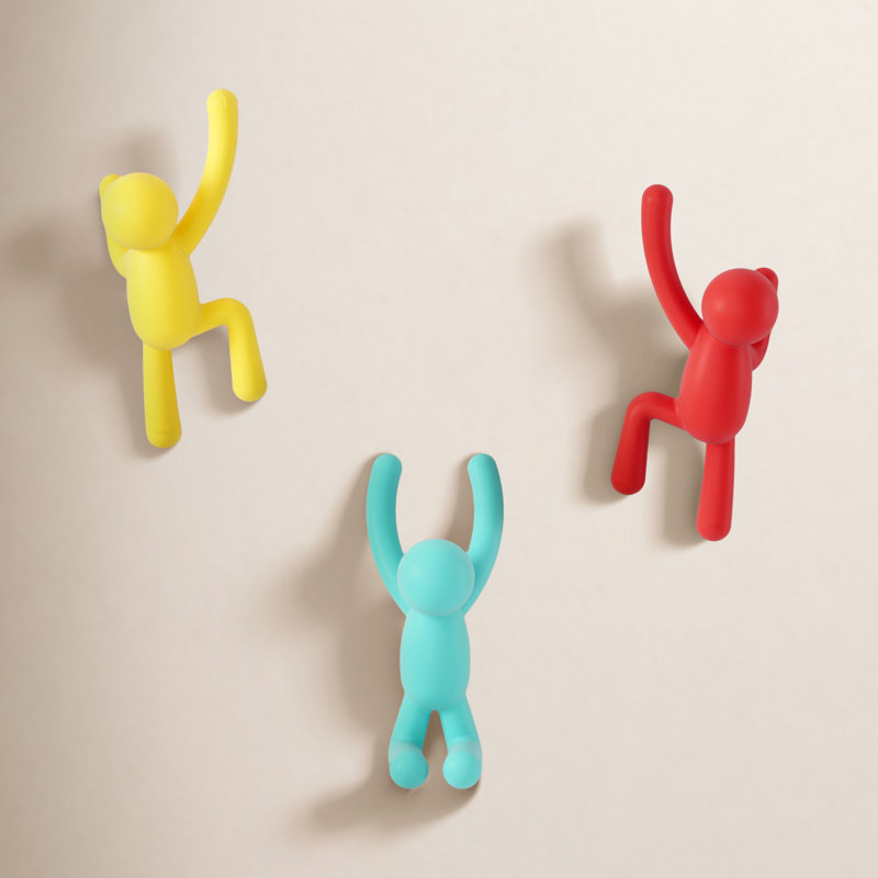 Buddy Wall Mounted Coat Hooks, Decorative Single Hangers for Entryway, Bedroom, Set of 3, Red/Blue/Yellow