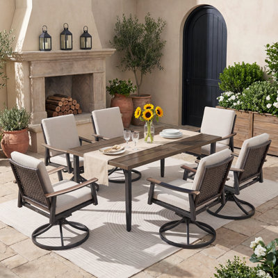 7 Piece Outdoor Dining Table Set With 6 Rattan Swivel&Rocking Chairs