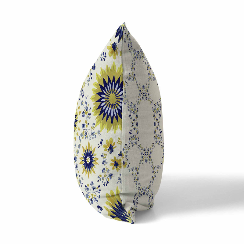 Delightful Dandelions Reversible Throw Pillow, Blue/Olive Floral/Geometric, 16"H x 16"W