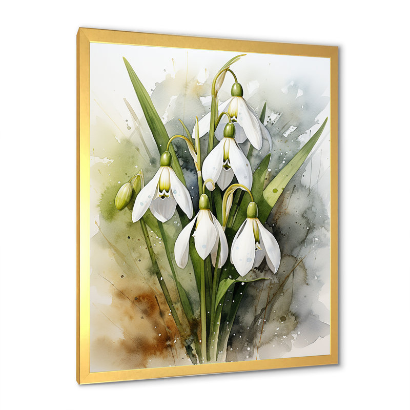 Morning Hush Snowdrops In Silent White III - Snowdrops, art mural, Cadre doré simple, H 32 po x l 24 po x P 1 po